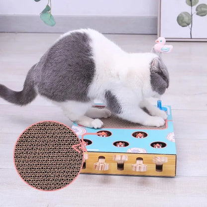 Cat Toy Chase Hunt Mouse Cat Game Box 3 in 1 with Scratcher Funny Cat Stick Cat Hit Gophers Interactive Maze Tease Toy