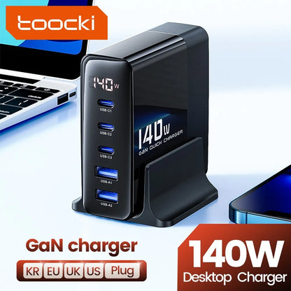 Toocki 140W USB Charger Multi Port Charging Station GaN Fast Charge Desktop For iPhone 15 PD Type C Power Adapter LED Display