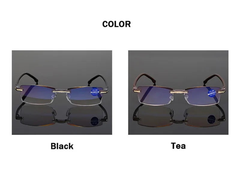 Reading Glasses Men Anti Blue Rays Presbyopia Goggles Women Vintage Rimless Eyewear Diopter +1.0 1.5 2.0 2.5 3.0 3.5 4.0