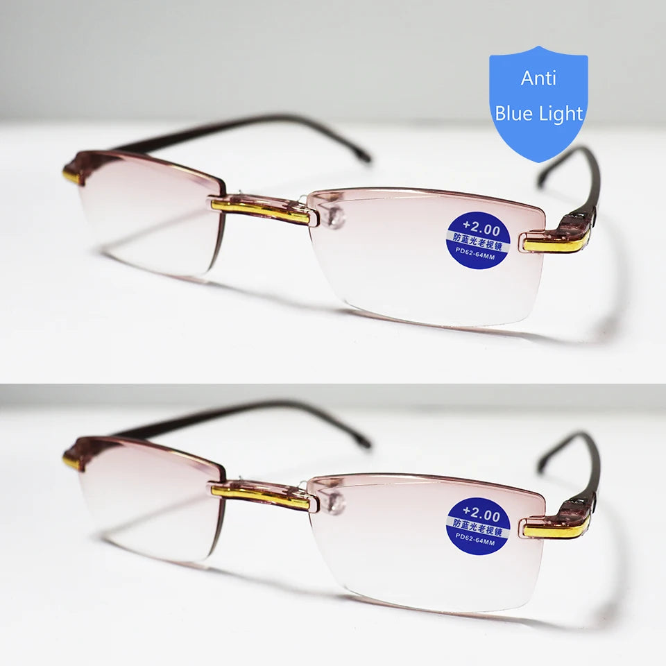Reading Glasses Men Anti Blue Rays Presbyopia Goggles Women Vintage Rimless Eyewear Diopter +1.0 1.5 2.0 2.5 3.0 3.5 4.0 brown-2PCS