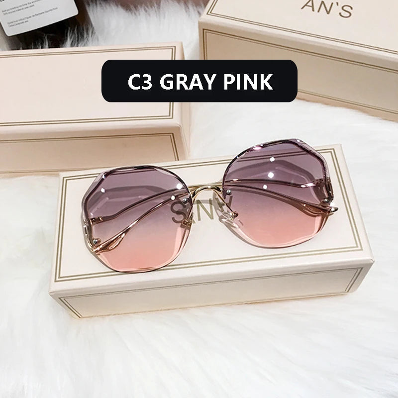 2023 Fashion Tea Gradient Sunglasses Women Ocean Water Cut Trimmed Lens Metal Curved Temples Sun Glasses Female UV400 C3 Adult