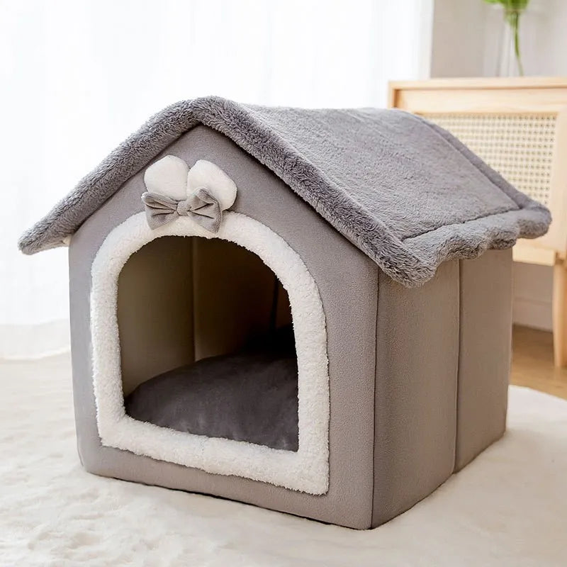 Soft Cat Bed Deep Sleep House Dog Cat Winter House Removable Cushion Enclosed Pet Tent For Kittens Puppy Cama Gato Supplies Grey