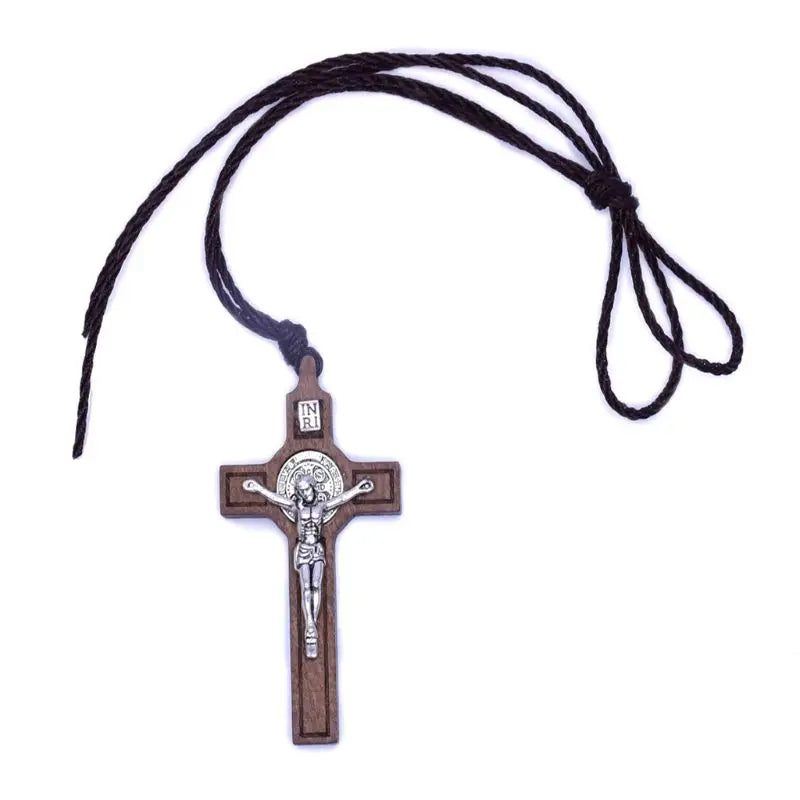 Retro Men Women Necklace with Brown/Black Rope Cross Pendant Christian Religious Natural Wooden for Children Boys Girls