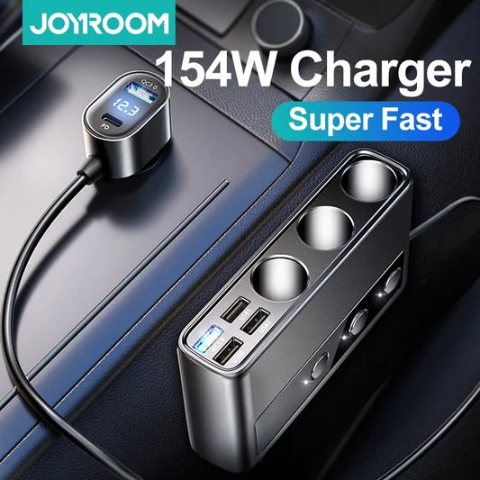 Joyroom 154W Car Charger Adapter 9 in 1 PD 3 Socket Cigarette Lighter Splitter Charge Independent Switches DC Cigarette Outlet Black