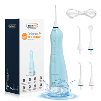 Oral Irrigator USB Rechargeable Water Flosser Portable Dental Water Jet 300ML Water Tank Waterproof Teeth Cleaner D52 Blue And Bag