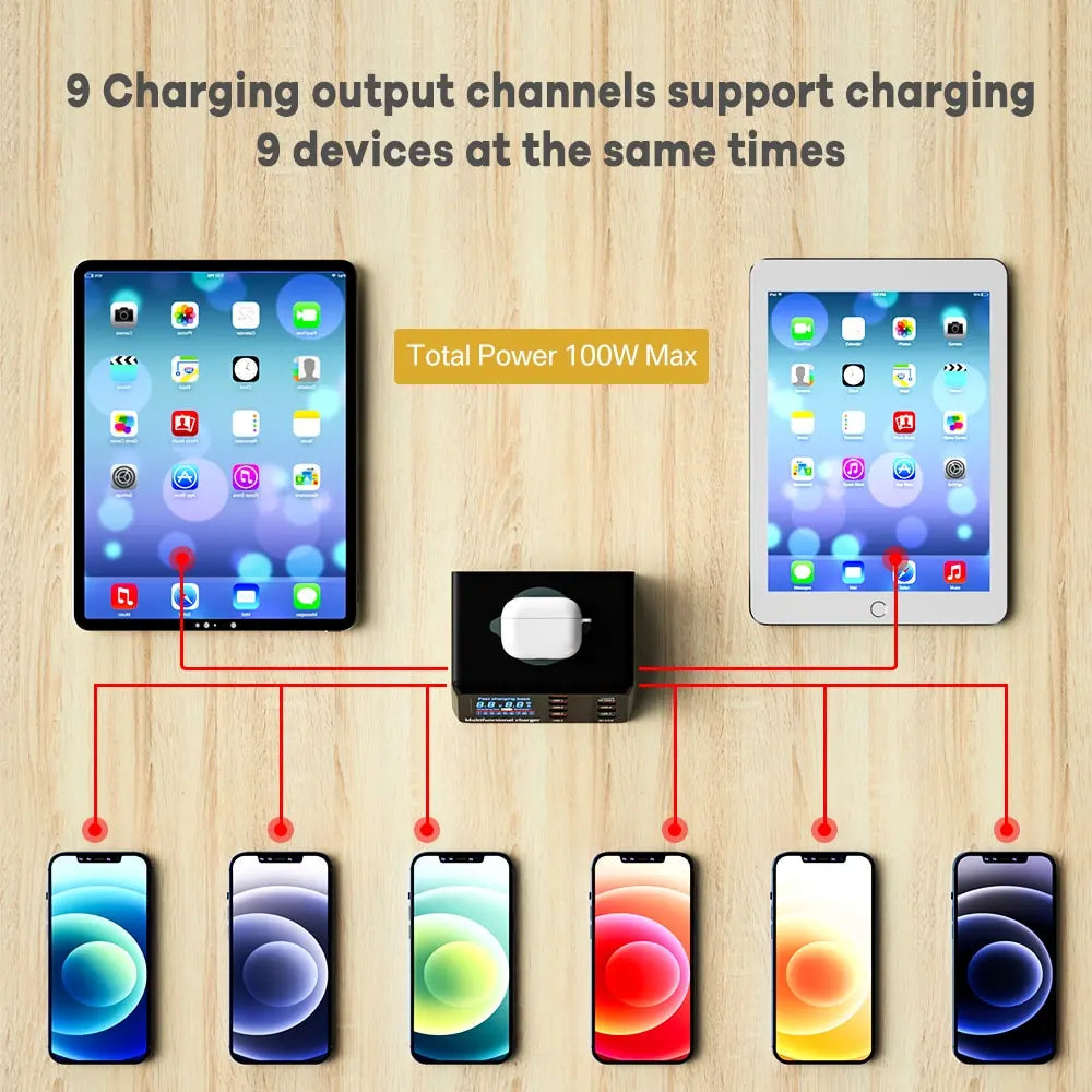 100W 8 Ports USB Charger Station With Wireless Charging Digital Display Screen QC3.0 PD3.0 Quick Charge For iPhone 14 13 Xiaomi
