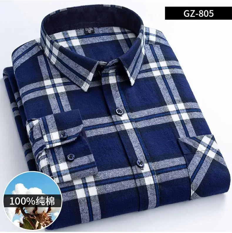 Long Sleeve Regular Fit Home New Spring Autumn 100% Cotton Plaid Mens Shirts Casual for Man Clothes Plus Size 805