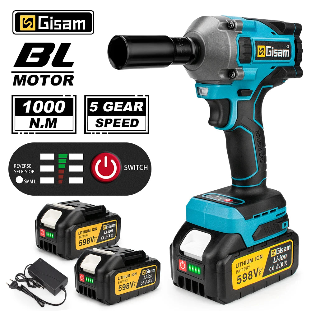 Gisam 520N.M Brushless Electric Impact Wrench Cordless Electric Wrench 1/2 inch for Makita 18V Battery Screwdriver Power Tools