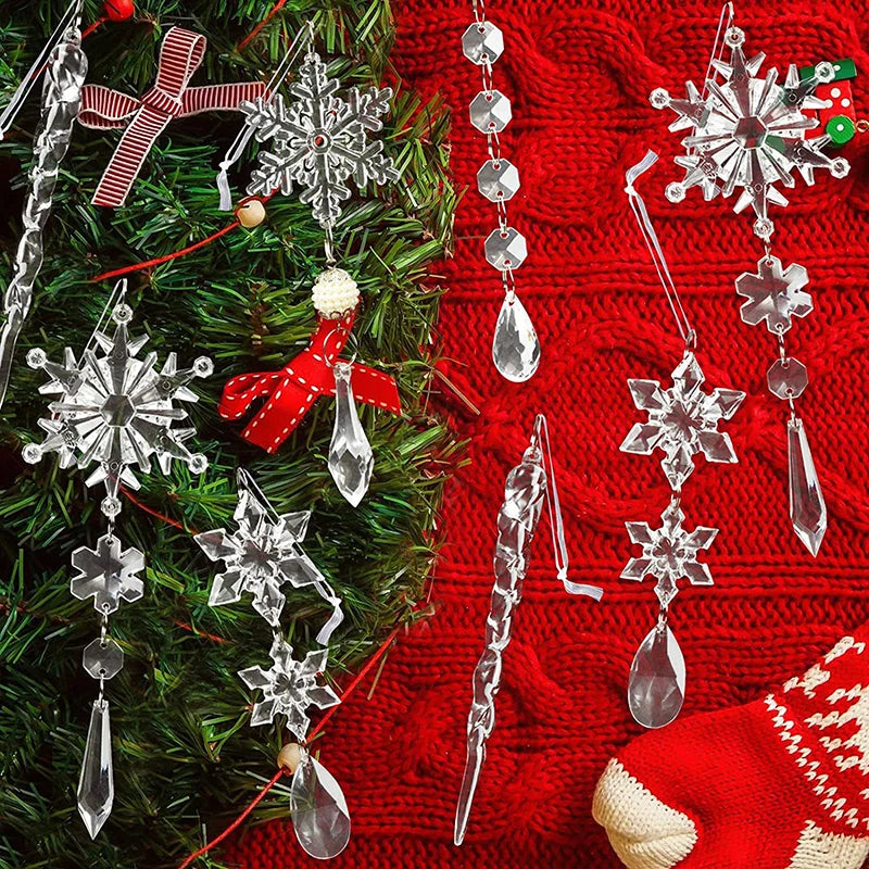 10Pcs Christmas Acrylic Snowflake Simulation Ice Pendants Xmas Tree Hanging Ornament 2024 New Year Christmas Decoration for Home