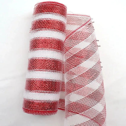 10Yard Christmas Red White Metallic Mesh Ribbon Xmas Tree Candy Cane Decoration Ornament DIY Wreath Bow 2024 New Year Gift 26cm