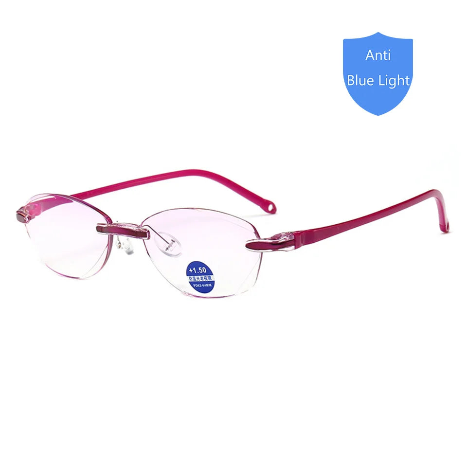 Reading Glasses Men Anti Blue Rays Presbyopia Goggles Women Vintage Rimless Eyewear Diopter +1.0 1.5 2.0 2.5 3.0 3.5 4.0 purple-1PC