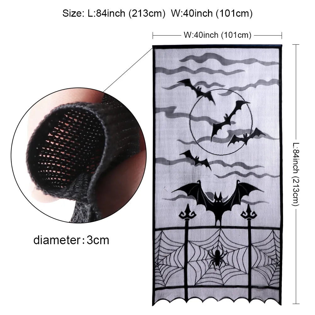 OurWarm Halloween Bat Spider Curtains for Black Doorway Decoration Sheer Lace Window Drapes Party Festival Supplies Home Decor