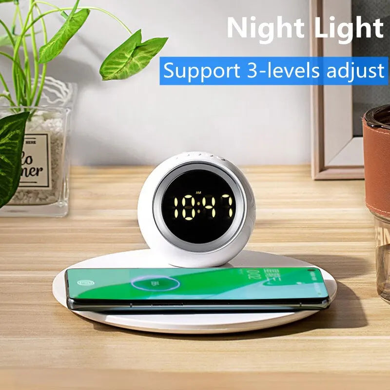 Wireless Charger Pad Stand Alarm Clock LED Desk Lamp Night Light 15W Phone Fast Charging Station Dock for iPhone Samsung Xiaomi