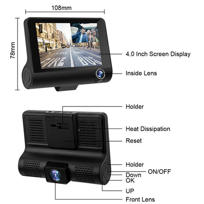 3 Lens Dash Cam for Cars HD 1080P Car Dvr Camera for Vehicle 4.0 Inches Recorder Video Rear View Camera Black Box Loop Recording