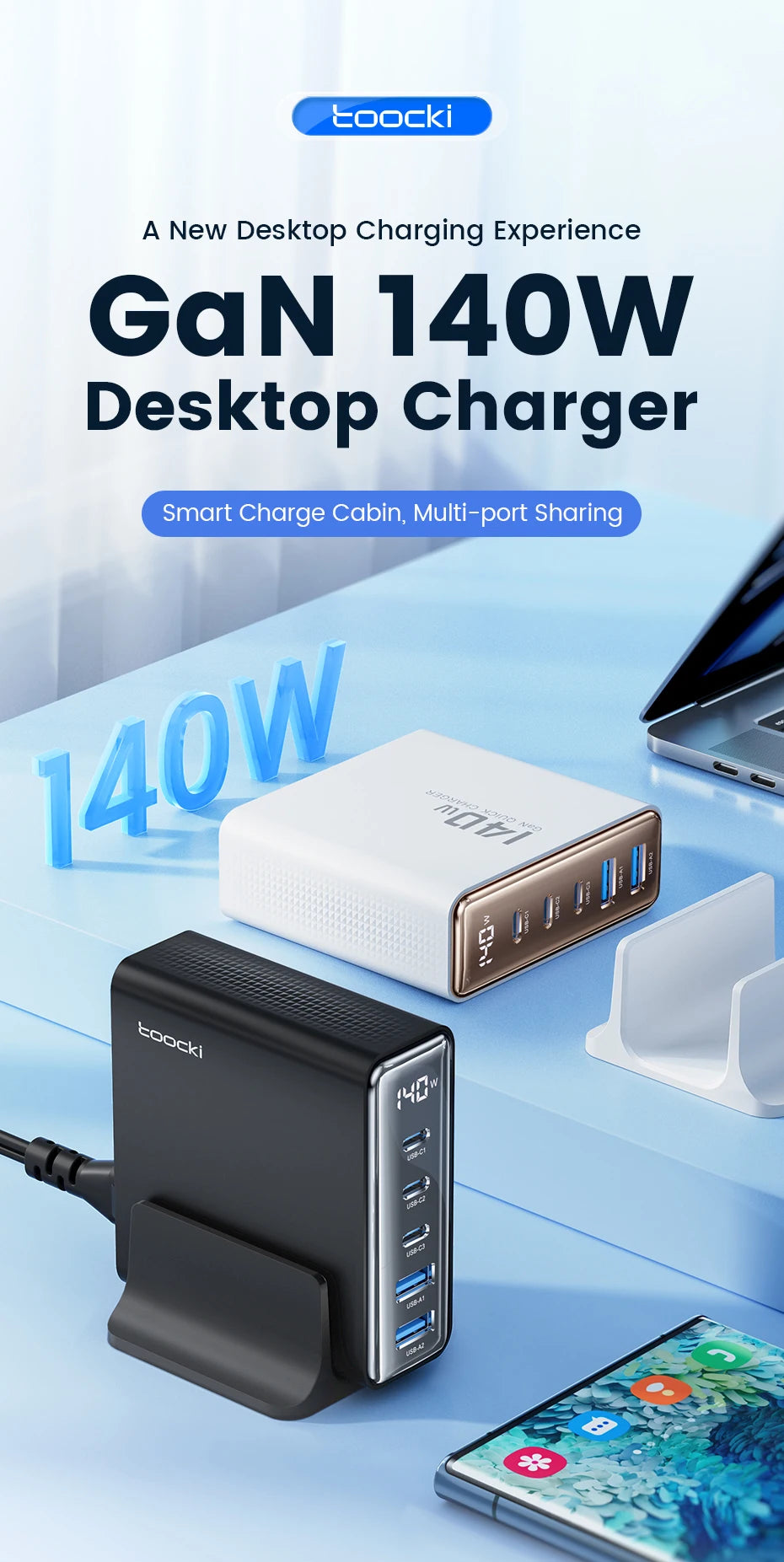 Toocki 140W GaN USB Charger 5in1 Desktop Fast Charge USB Type C Charger LED Display Charger For iPhone Xiaomi Smartphone Laptop