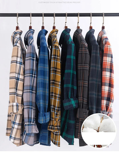 Long Sleeve Regular Fit Home New Spring Autumn 100% Cotton Plaid Mens Shirts Casual for Man Clothes Plus Size