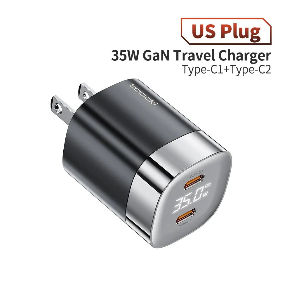 Toocki 35W USB Phone Charger GaN USB Type C Quick Charge PD3.0 High Speed Charger Korea EU Plug for Laptop Xiaomi iPhone 13 12 US Black