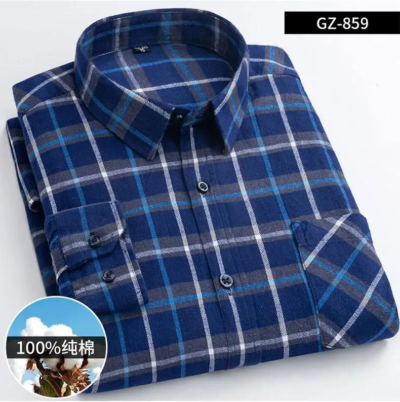 Long Sleeve Regular Fit Home New Spring Autumn 100% Cotton Plaid Mens Shirts Casual for Man Clothes Plus Size 859