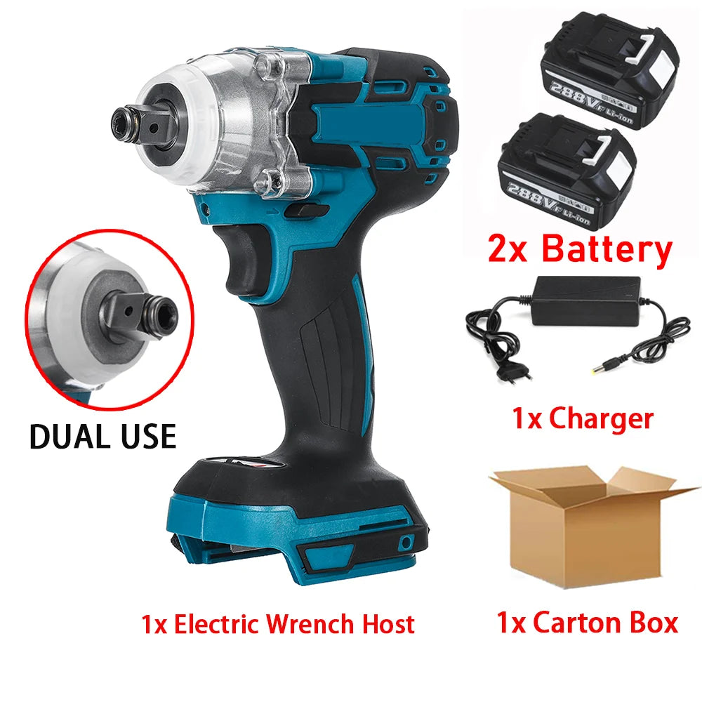 Brushless Electric Impact Wrench 520N.M 1/2" Cordless Battery Screwdriver Rechargeable Wrench Power Tool for Makita 18V Battery 2x Battery Set CHINA