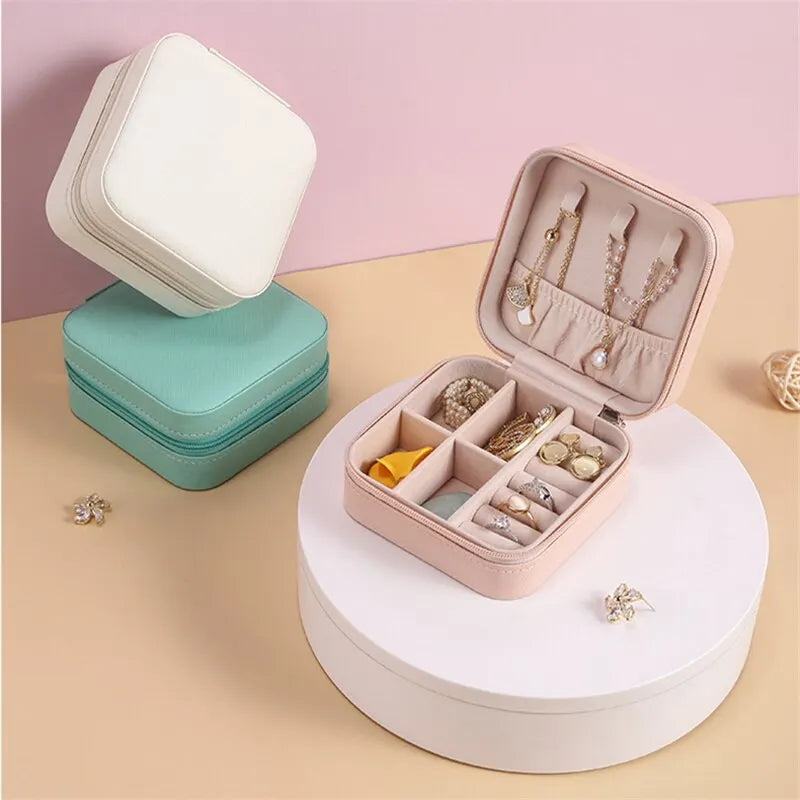 Solid Color Jewelry Organizer Leather Square Small Round Box Ring Earrings Portable Travel Jewelry Storage Bag