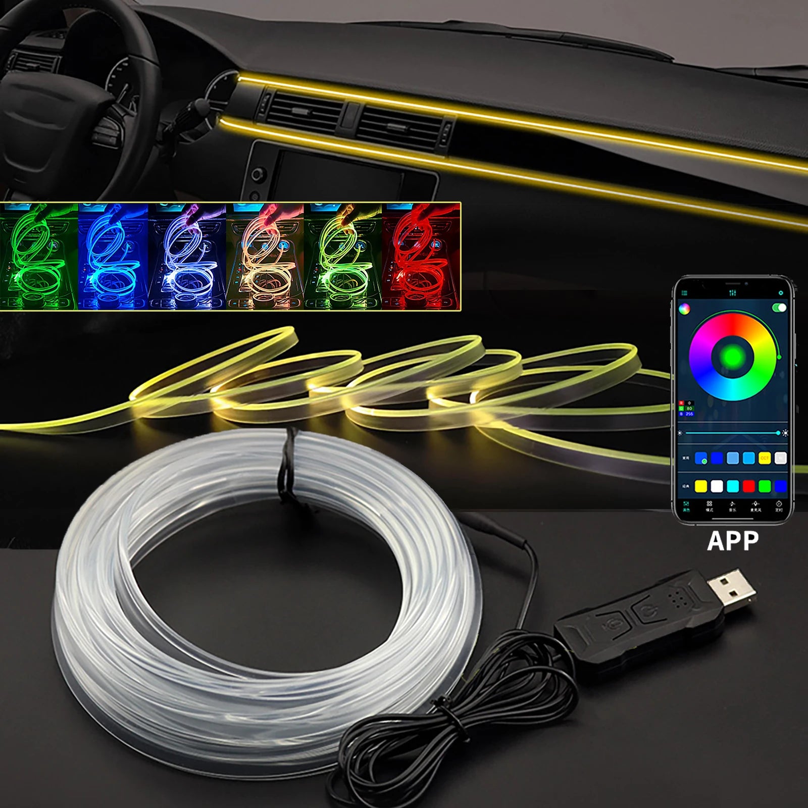 1/2/3/4/5M Car Interior RGB LED Light Strip Ambient Neon Invisible Light USB Fiber Optic Atmosphere Lamp support APP Control 4 meters