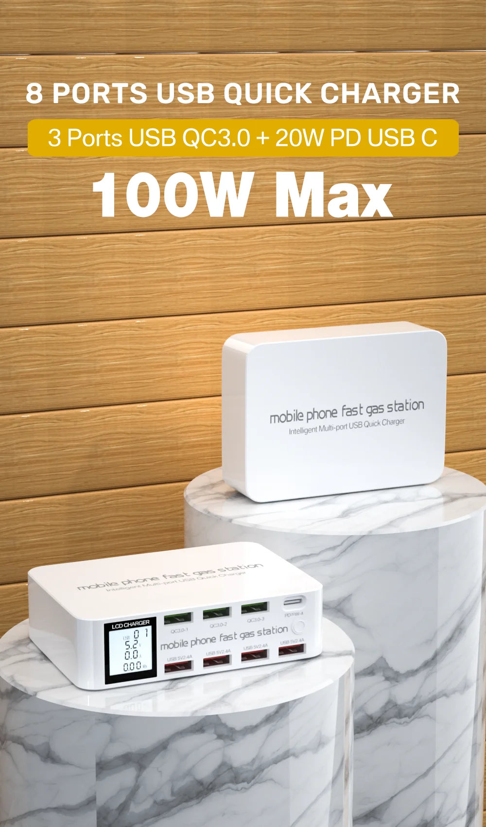 100W USB Charging Station With 3 QC3.0 Quick Charge USB Port 20W PD USB Type C Port LCD Display Fast Charger For iPhone Xiaomi