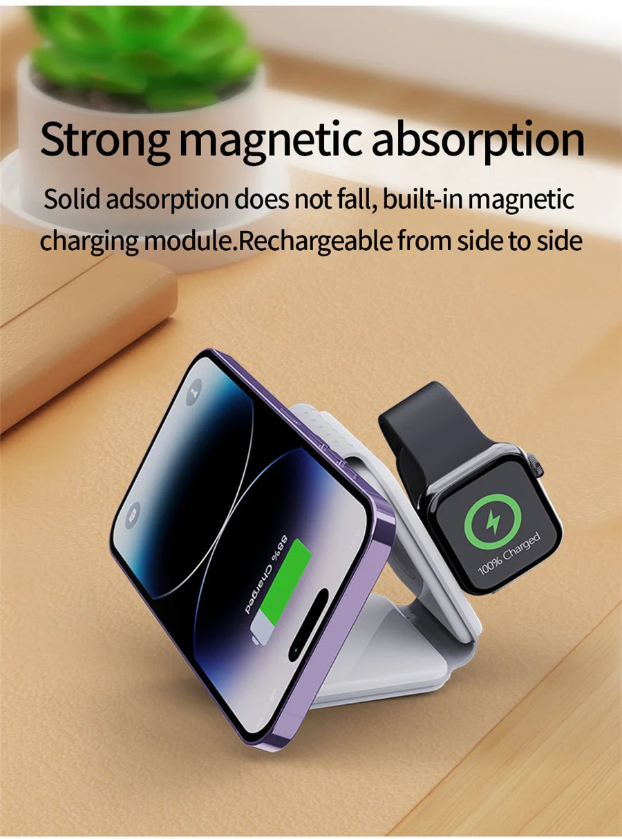 3 in 1 Magnetic Wireless Charger Pad Foldable Phone Chargers Stand For iPhone 14 13 12 Airpods IWatch 7 6 5 Xiaomi Fast Charging