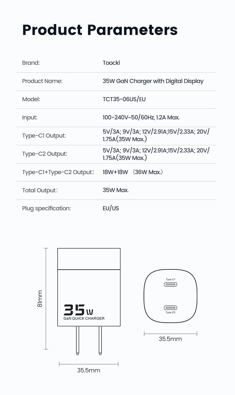 Toocki 35W USB Phone Charger GaN USB Type C Quick Charge PD3.0 High Speed Charger Korea EU Plug for Laptop Xiaomi iPhone 13 12