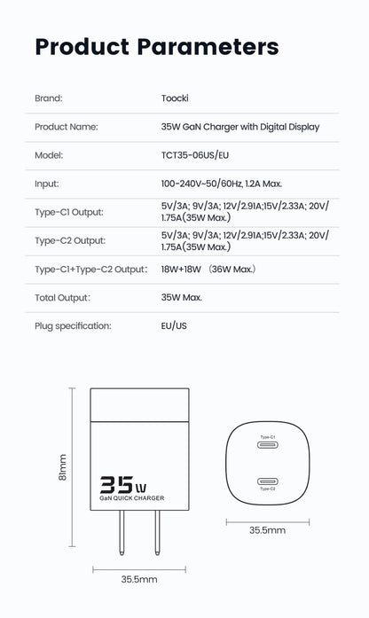 Toocki 35W USB Phone Charger GaN USB Type C Quick Charge PD3.0 High Speed Charger Korea EU Plug for Laptop Xiaomi iPhone 13 12