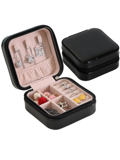 Solid Color Jewelry Organizer Leather Square Small Round Box Ring Earrings Portable Travel Jewelry Storage Bag Black