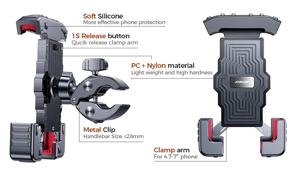 Joyroom Motorcycle Phone Holder Mount Quick Install 1s Automatically Lock & Release,Widely for Phone 4.7"-7'' Bike Phone Holder