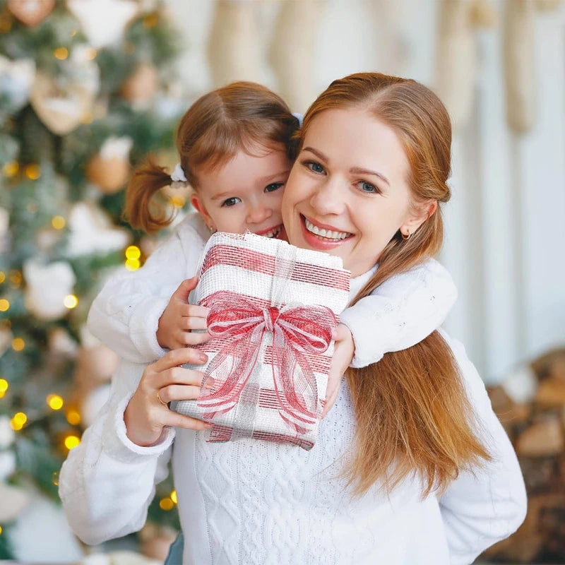 10Yard Christmas Red White Metallic Mesh Ribbon Xmas Tree Candy Cane Decoration Ornament DIY Wreath Bow 2024 New Year Gift 26cm