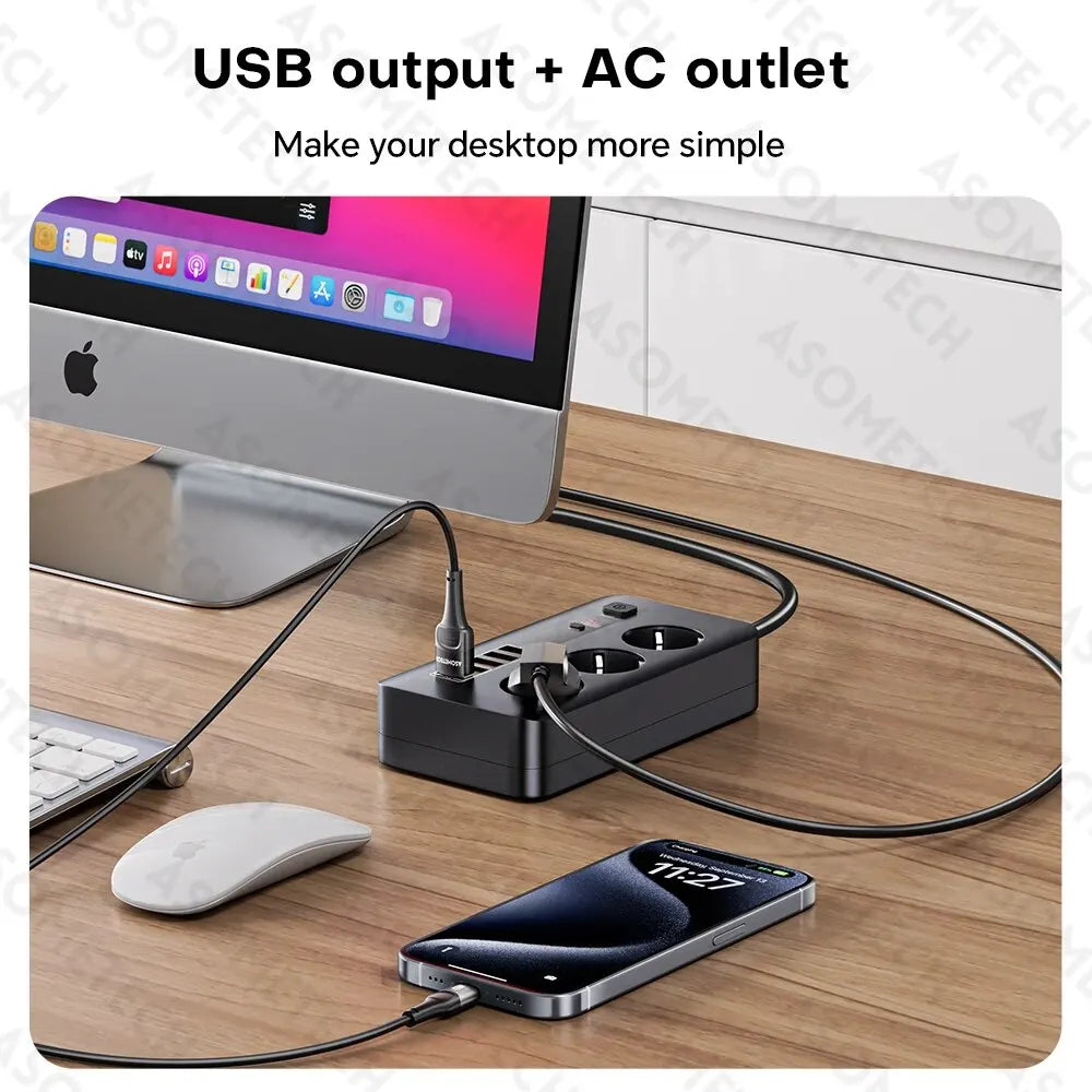 ASOMETECH EU Power Strip European Plug Strip 2500W Extension Socket Overload Protection Multi Plug USB Charger USB C Charger