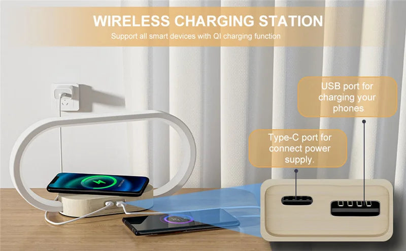 Multifunction Wireless Charger Pad Stand Clock LED Desk Lamp Night Light USB Port Fast Charging Station Dock for iPhone Samsung