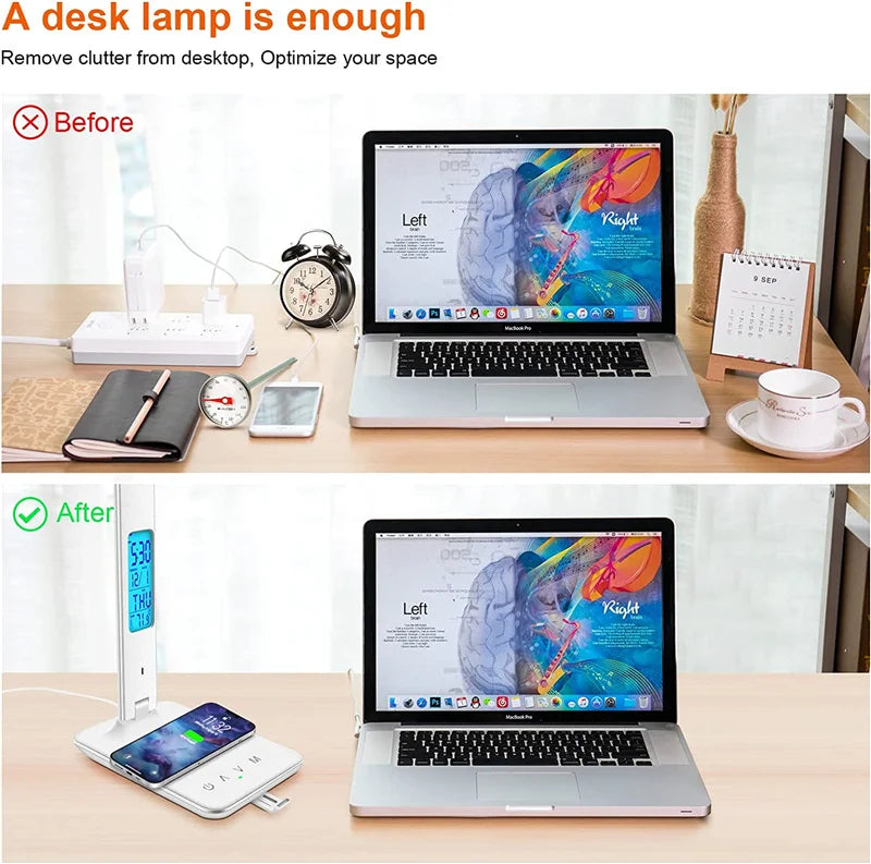 Wireless Charger Pad LED Desk Lamp Temperature Alarm Clock Eye Protect Study Business Light Table Lamp 10W Fast Charging Station