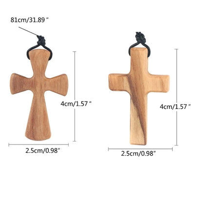 Olive Wood Pendant Long Adjustable Black Leather Rope Necklace Cross-shape Pendant Christian Gifts for Men and Women