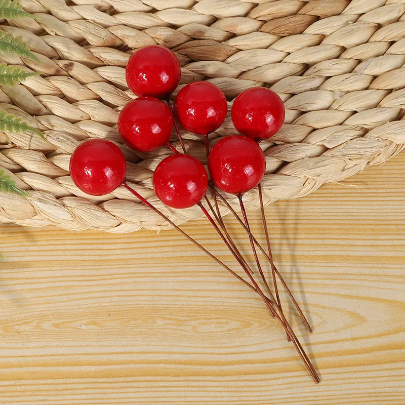 100pcs Artificial Berries Gold Silver Red Cherry Stamen Mini Fake Flowers Pearl Beads for DIY Christmas Party Craft Decoration