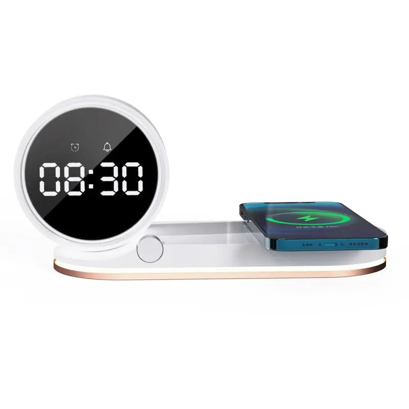 Multifunction Wireless Charger Pad Stand Alarm Clock LED Desk Lamp Night Light 15W Fast Charging Station Dock for iPhone Samsung White