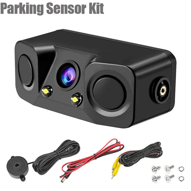 3 In 1 Radar Parking Sensor Kit Visible Parktronic LED Display System Backup Monitor Reversing Camera Alarm Reversing radar Black