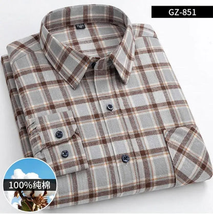 Long Sleeve Regular Fit Home New Spring Autumn 100% Cotton Plaid Mens Shirts Casual for Man Clothes Plus Size 851