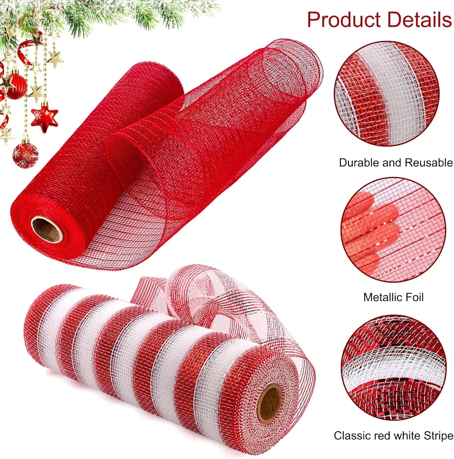 10Yard Christmas Red White Metallic Mesh Ribbon Xmas Tree Candy Cane Decoration Ornament DIY Wreath Bow 2024 New Year Gift 26cm