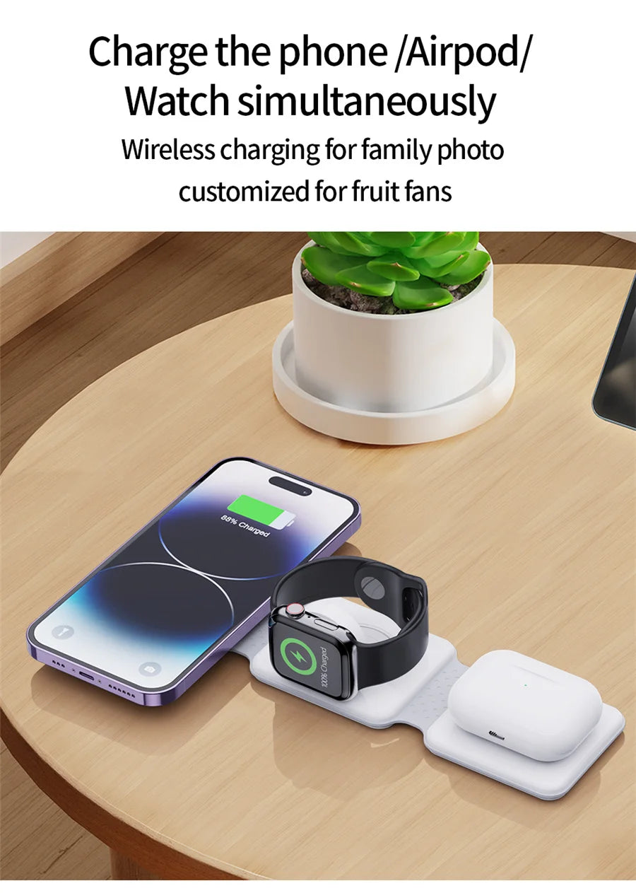 3 in 1 Magnetic Wireless Charger Pad Foldable Phone Chargers Stand For iPhone 14 13 12 Airpods IWatch 7 6 5 Xiaomi Fast Charging