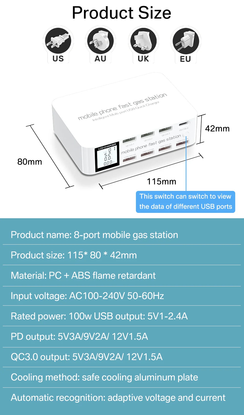 100W USB Charging Station With 3 QC3.0 Quick Charge USB Port 20W PD USB Type C Port LCD Display Fast Charger For iPhone Xiaomi