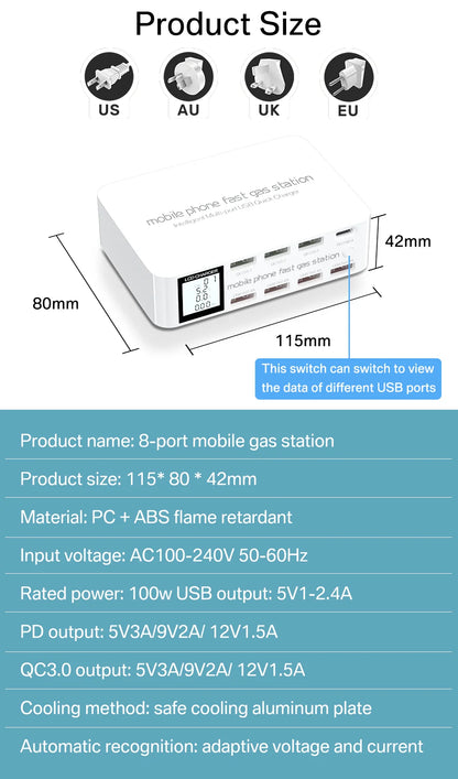 100W USB Charging Station With 3 QC3.0 Quick Charge USB Port 20W PD USB Type C Port LCD Display Fast Charger For iPhone Xiaomi