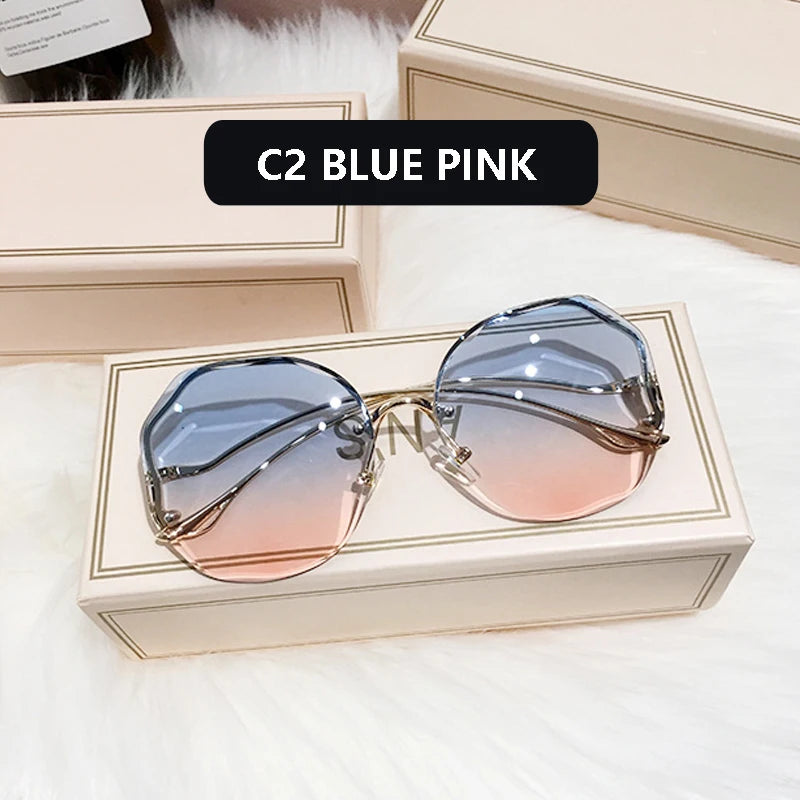 2023 Fashion Tea Gradient Sunglasses Women Ocean Water Cut Trimmed Lens Metal Curved Temples Sun Glasses Female UV400 C2 Adult