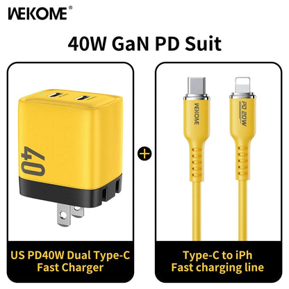 WEKOME GaN 40W/67W/100W Type C Charger Portable USB Charger Adapter QC4.0 PD PPS Fast Charging for iPhone Samsung Xiaomi Macbook US charger PD Cable Yellow
