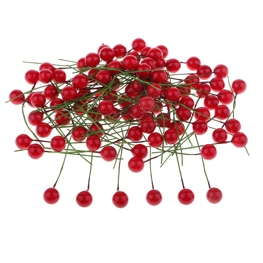 100pcs Artificial Berries Gold Silver Red Cherry Stamen Mini Fake Flowers Pearl Beads for DIY Christmas Party Craft Decoration