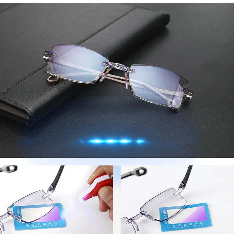 New Men Women Rimless Reading Glasses Anti Blue Light Bifocal Far Near Magnification Eyewear Presbyopic Glasses +150 +200