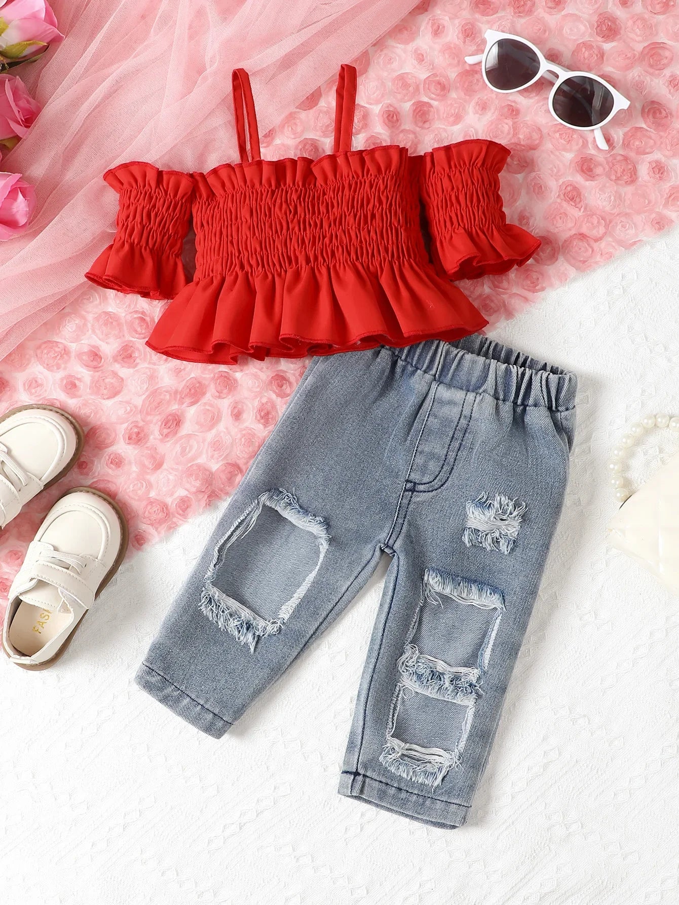 2pcs Baby Girls Clothing Set Strap Off Shoulder Sleeves Ruffle Edge Folds Top Denim Trousers Suit Baby Fashion Clothes Summer