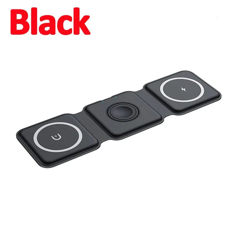 3 In 1 Magnetic Wireless Charger Pad Stand Foldable for iPhone 15 14 13 12 11 Apple Watch AirPods 15W Fast Charging Dock Station black